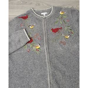 Vintage Croft & Barrow Womens XL Full Zip Gray Cardigan Sweater Winter Birds‎